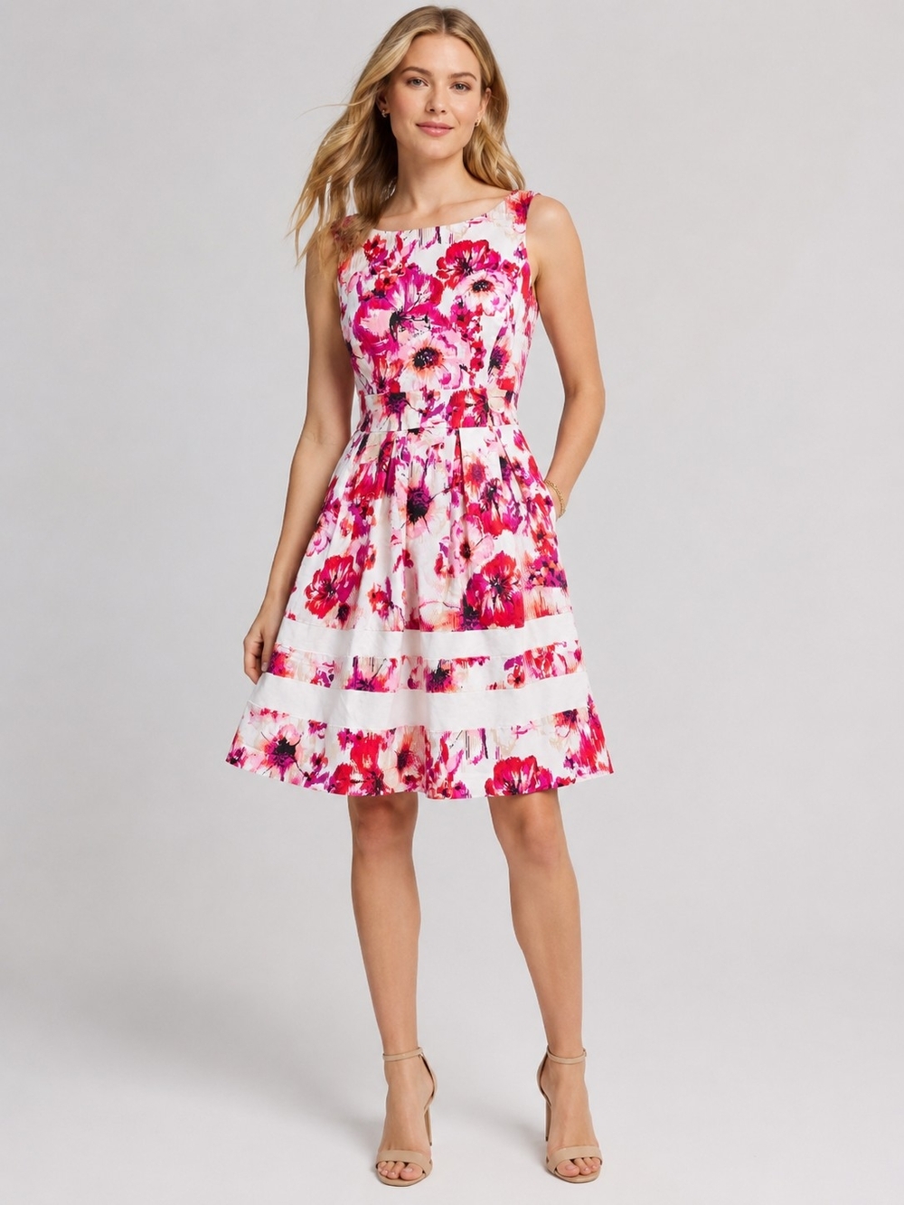 White House Black Market Floral Fit & Flare Dress Size 4 Pink Red Cotton Blend